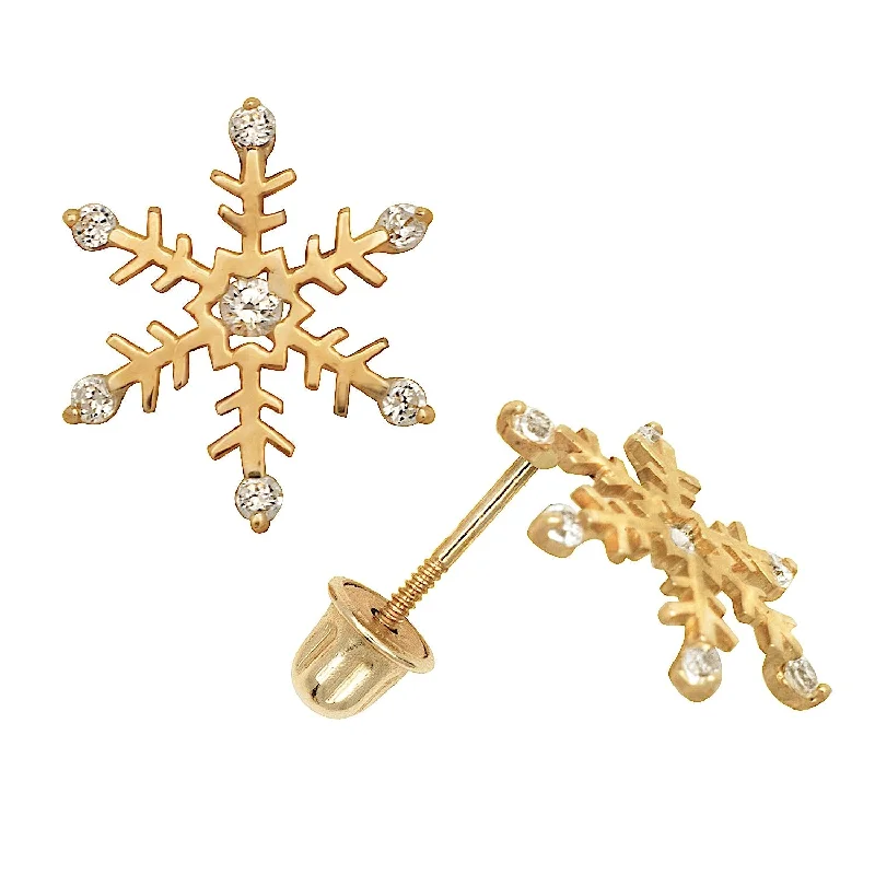 Stud Earrings with Filigree -Curata Solid 14k Yellow or White Gold Round Cubic Zirconia Winter Snow-flake Screw-back Stud Earrings (10mm)