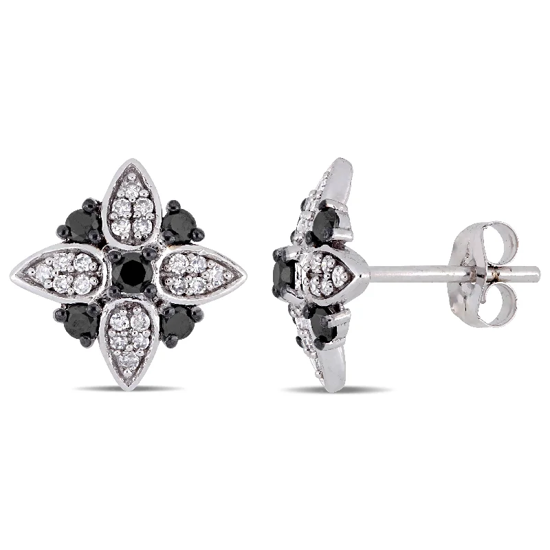 Square Stud Earrings for Modern -Miadora 10k White Gold 3/8ct TDW Black and White Diamond Floral Stud Earrings