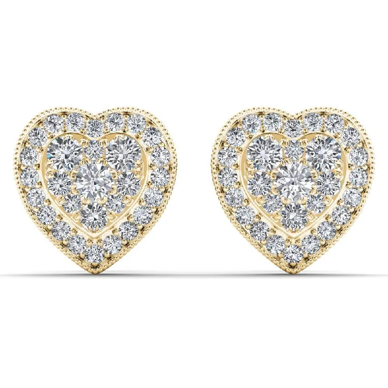 Stud Earrings with Crown Designs -De Couer 10k Yellow Gold 1/3ct TDW Diamond Cluster Heart Stud Earrings