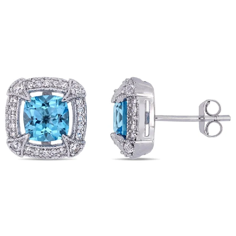 Triangular Stud Earrings for Edge -Miadora 10k White Gold Swiss-Blue Topaz White Sapphire and 1/5ct TDW Diamond Stud Earrings