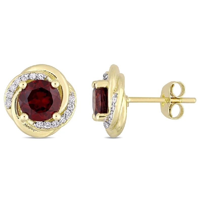 Gemstone Stud Earrings for Color -Miadora 10k Yellow Gold Garnet 1/7ct TDW Diamond Swirl Halo Stud Earrings