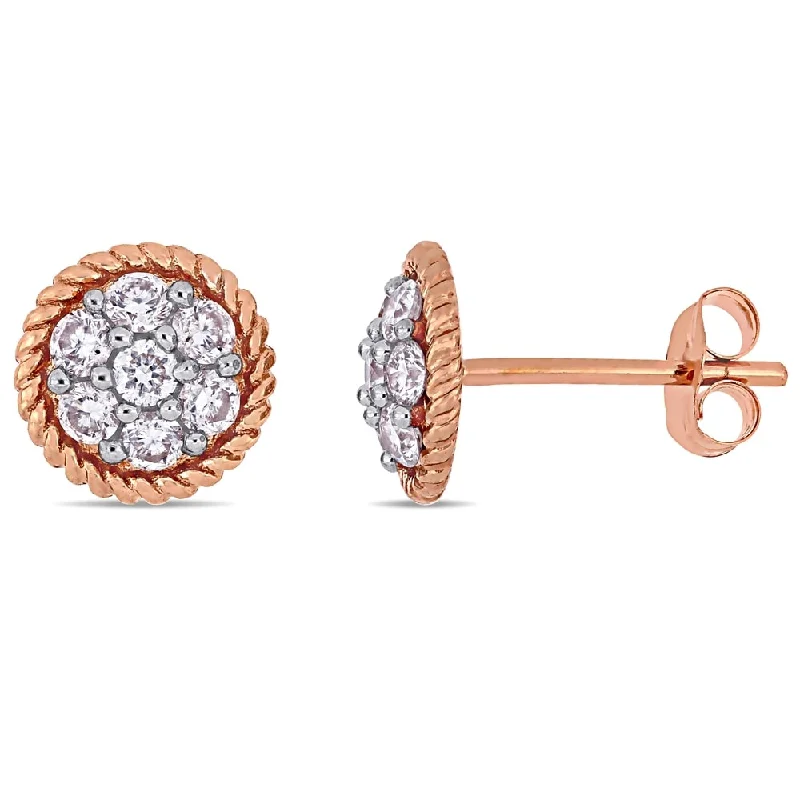 Stud Earrings with Knot Designs -Miadora 14k Rose Gold 1/2ct TDW Diamond Flower Cluster Circular Stud Earrings