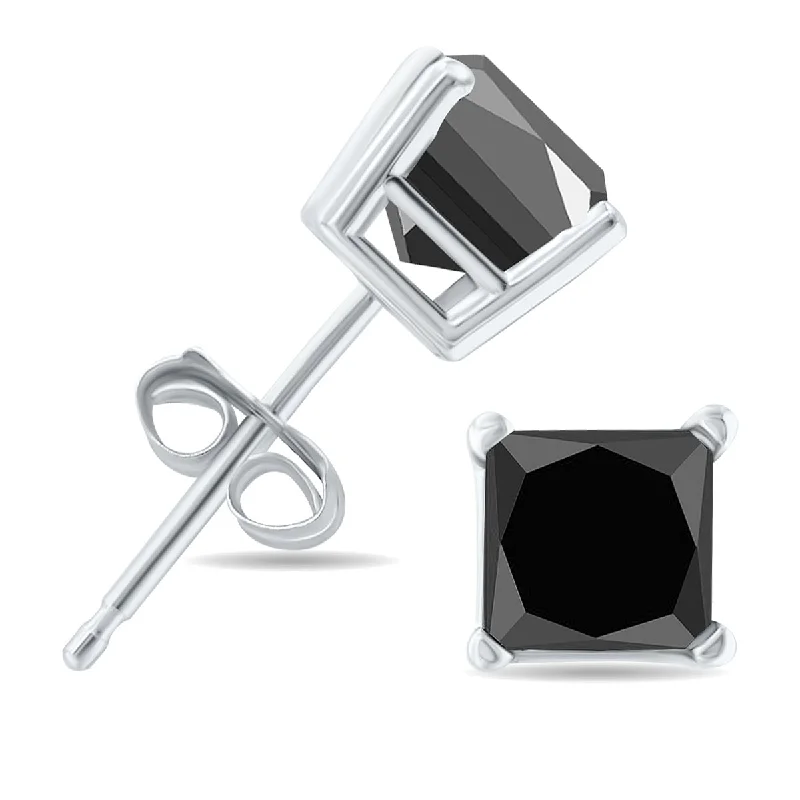 Stud Earrings with Wave Designs -Marquee 1 1/2 Carat TW Black Diamond Princess Cut Solitaire Stud Earrings in 10K White Gold