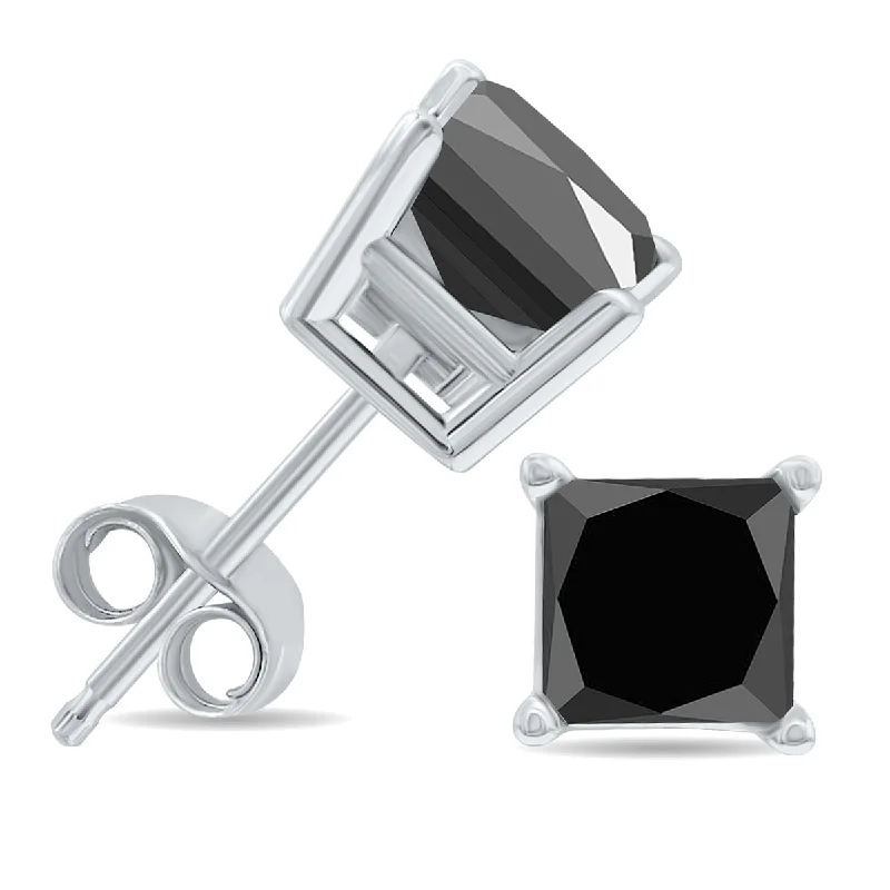 Diamond Stud Earrings for Luxury -Marquee 2 Carat TW Black Diamond Princess Cut Solitaire Stud Earrings in 10K White Gold