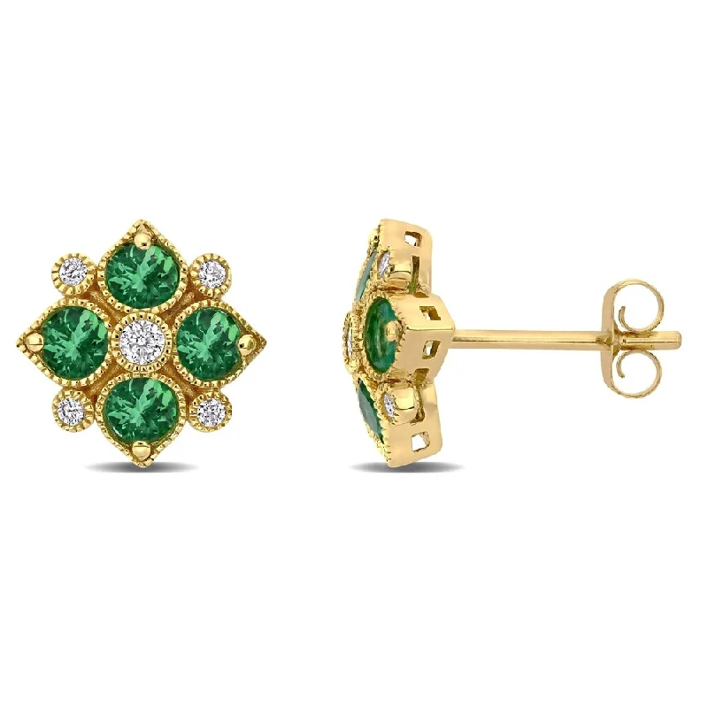 Stud Earrings with Floral Motifs -Miadora 14k Yellow Gold Emerald and 1/8ct TDW Diamond Floral Geometric Cluster Stud Earrings