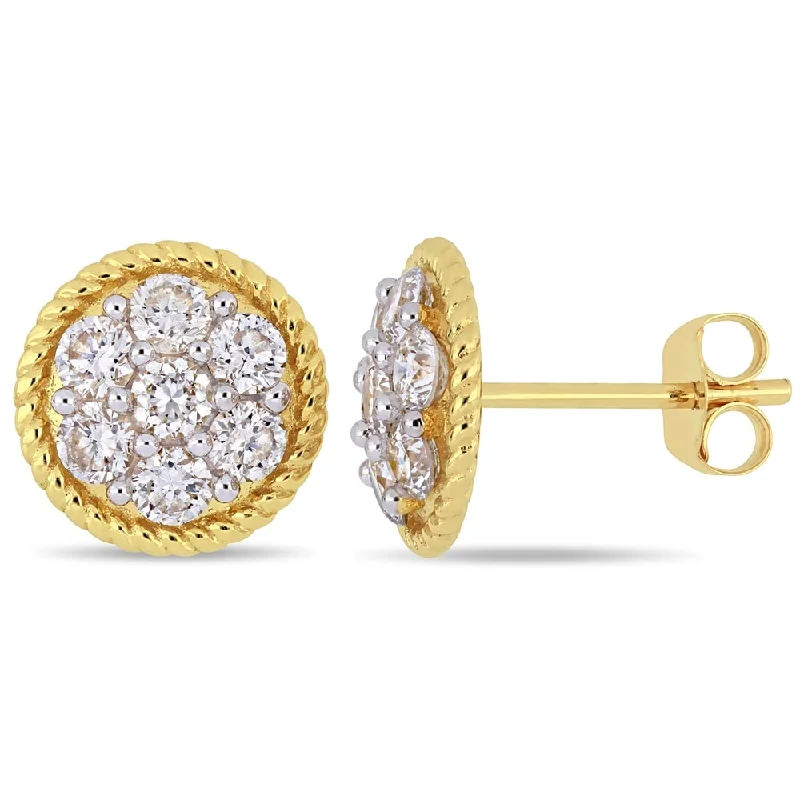 Stud Earrings with Abstract Designs -Miadora 14k Yellow Gold 1ct TDW Diamond Floral Cluster Halo Stud Earrings