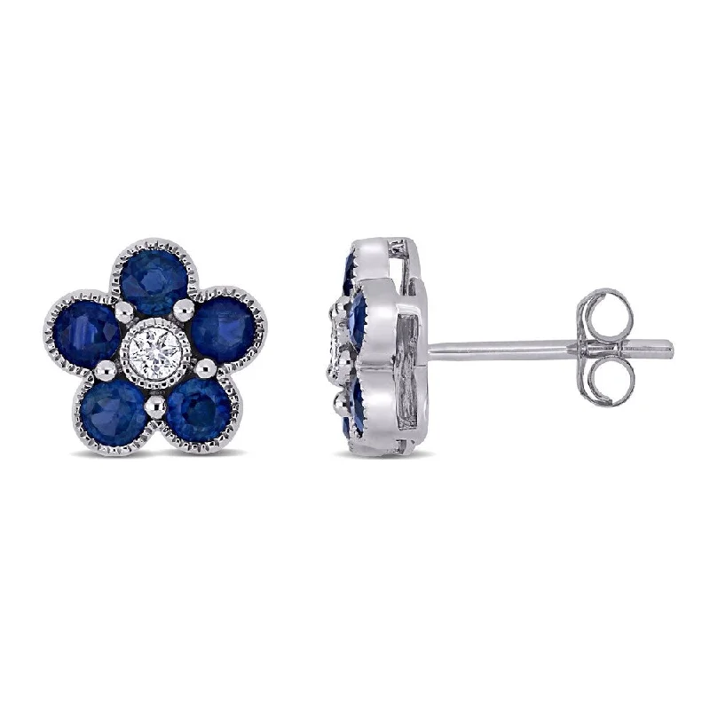 Star Shaped Stud Earrings for Charm -Miadora 14k White Gold Blue Sapphire and 1/10ct TDW Flower Stud Earrings