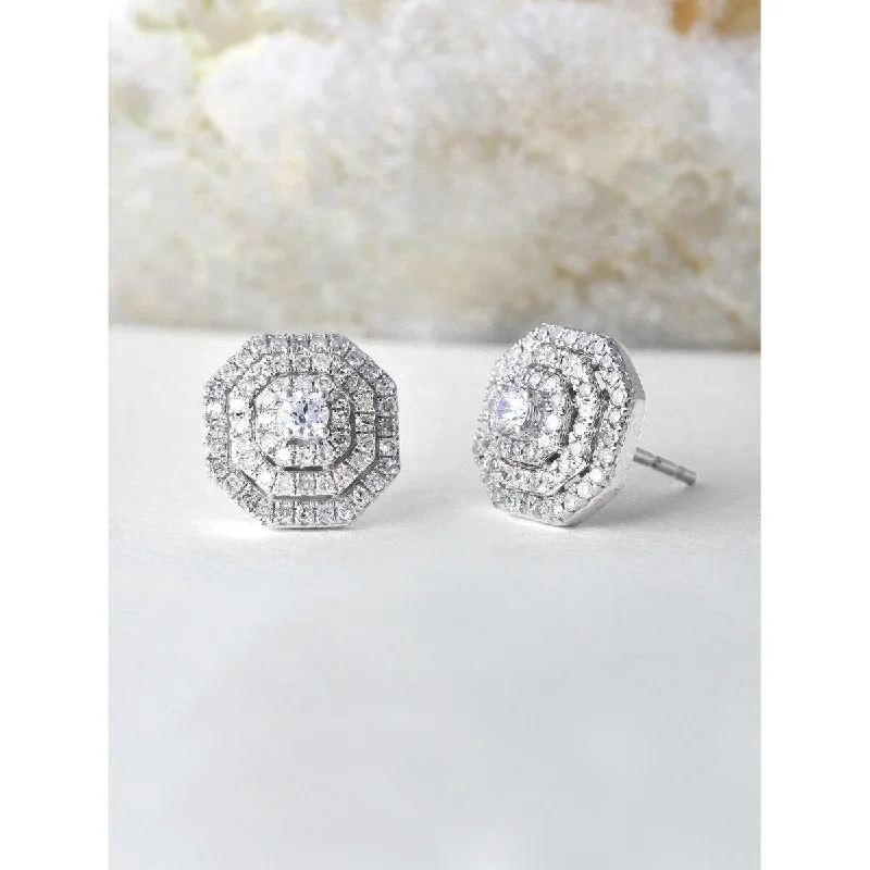 Stud Earrings for Anniversary -1/2ct TDW Diamond Halo Stud Earrings in 10k Gold by De Couer