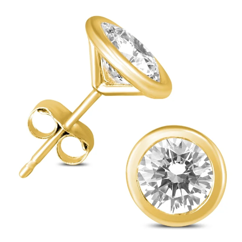 Stud Earrings with Crown Designs -Marquee 1 Carat TW Certified Bezel Diamond Solitaire Stud Earrings in 14K Yellow Gold