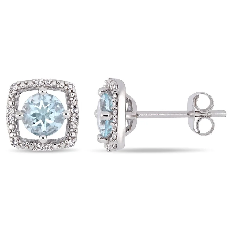 Geometric Stud Earrings for Trend -Miadora 10k White Gold Aquamarine Diamond Floating Halo Stud Earrings