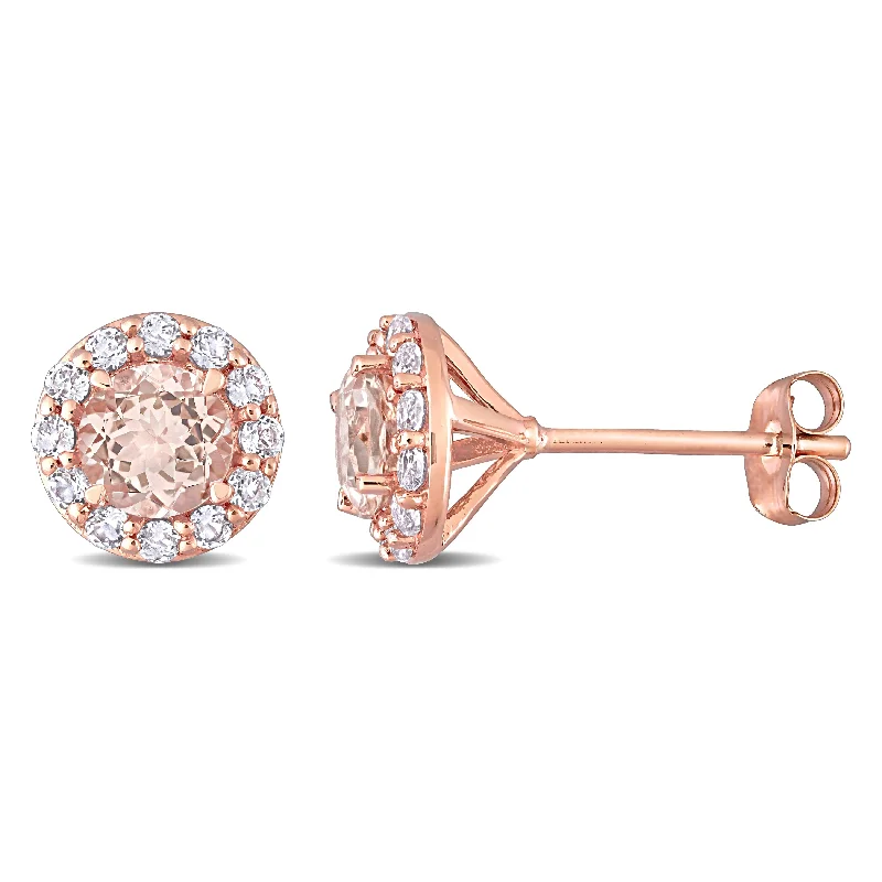 Clip On Stud Earrings for Non Pierced -Miadora 14k Rose Gold Morganite and White Topaz Halo Stud Earrings