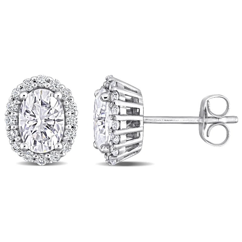 Floral Stud Earrings with Petals -Miadora 2 1/3ct DEW Oval-cut Moissanite Halo Stud Earrings in 10k White Gold - 9.9 mm x 8.1 mm x 5 mm