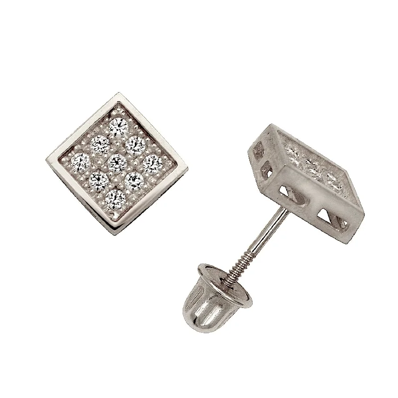 Stud Earrings for Birthday Celebration -Curata 14k Gold Round Cubic Zirconia Micropave Square Screw-back Stud Earrings