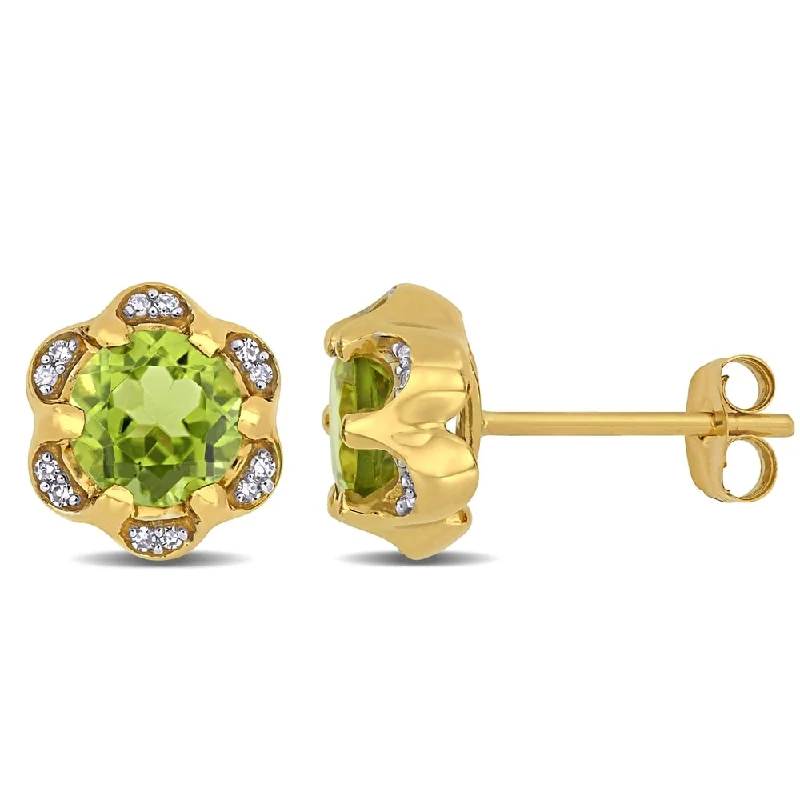 Stud Earrings with Rhinestones -Miadora 14k Yellow Gold Peridot and Diamond Accent Flower Stud Earrings