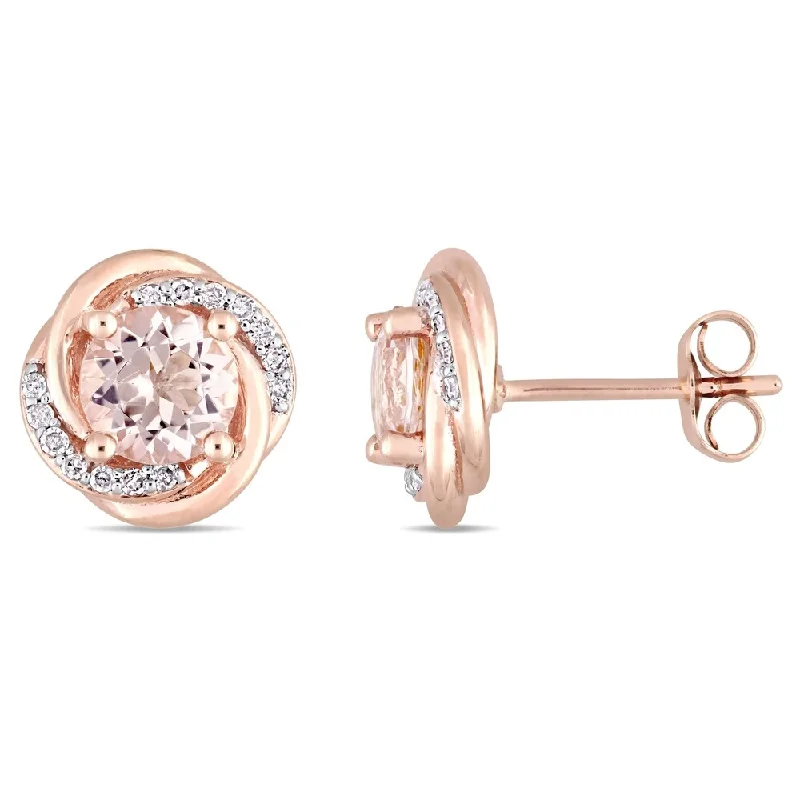 Stud Earrings with Debossed Designs -Miadora 10k Rose Gold Morganite 1/7ct TDW Diamond Swirl Halo Stud Earrings