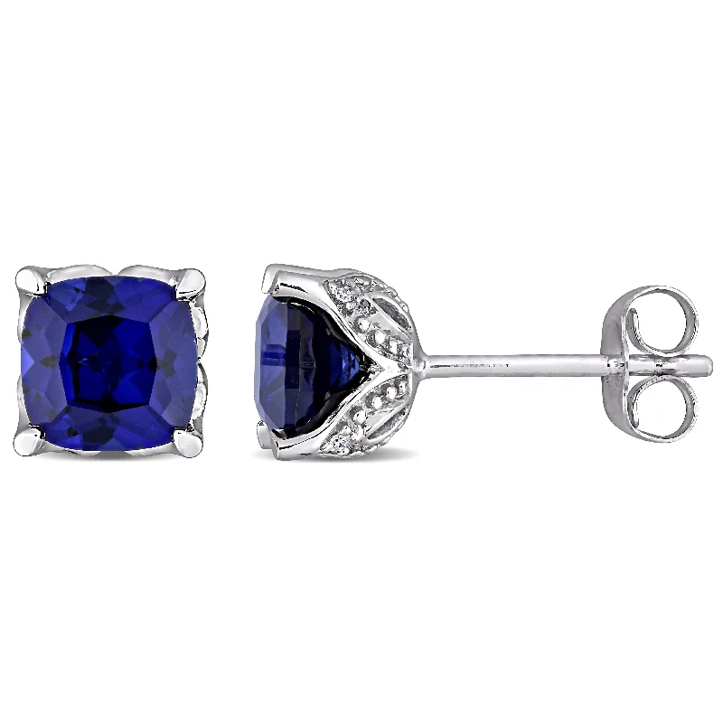 Celtic Stud Earrings with Knotwork -Miadora 10k White Gold Cushion Created Blue Sapphire & Diamond Accent Solitaire Stud Earrings - 6.6mm x 6.6mm x 5.7mm