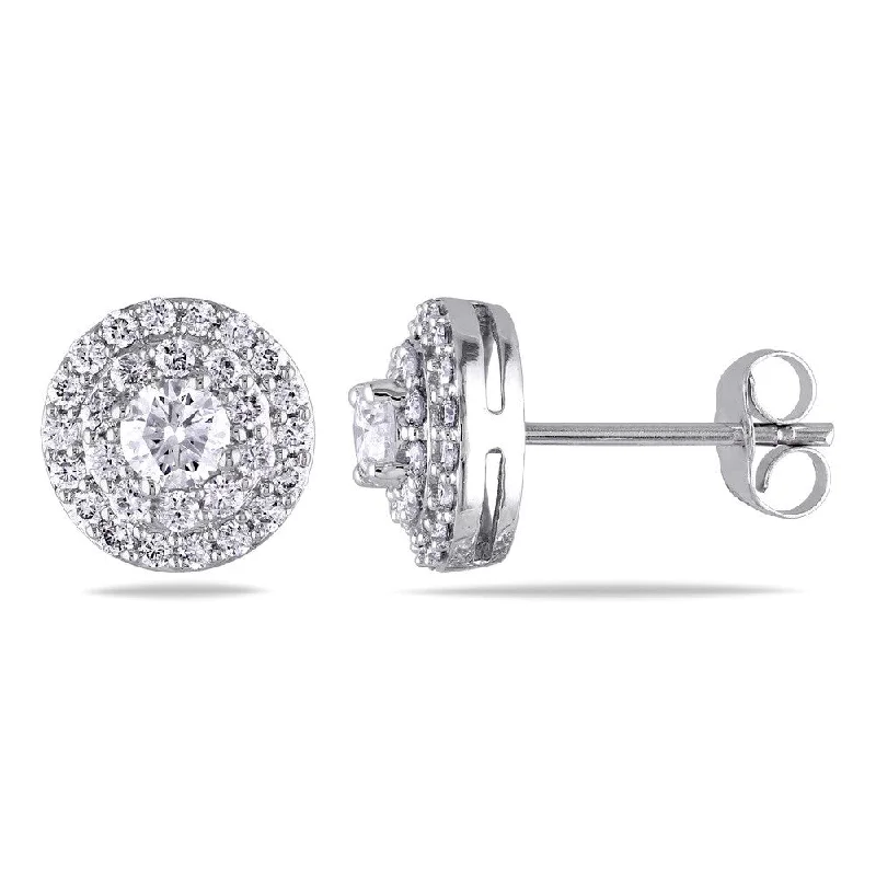 Stud Earrings for Gym Workout -Miadora Signature Collection 14k White Gold 1ct TDW Diamond Double Halo Stud Earrings