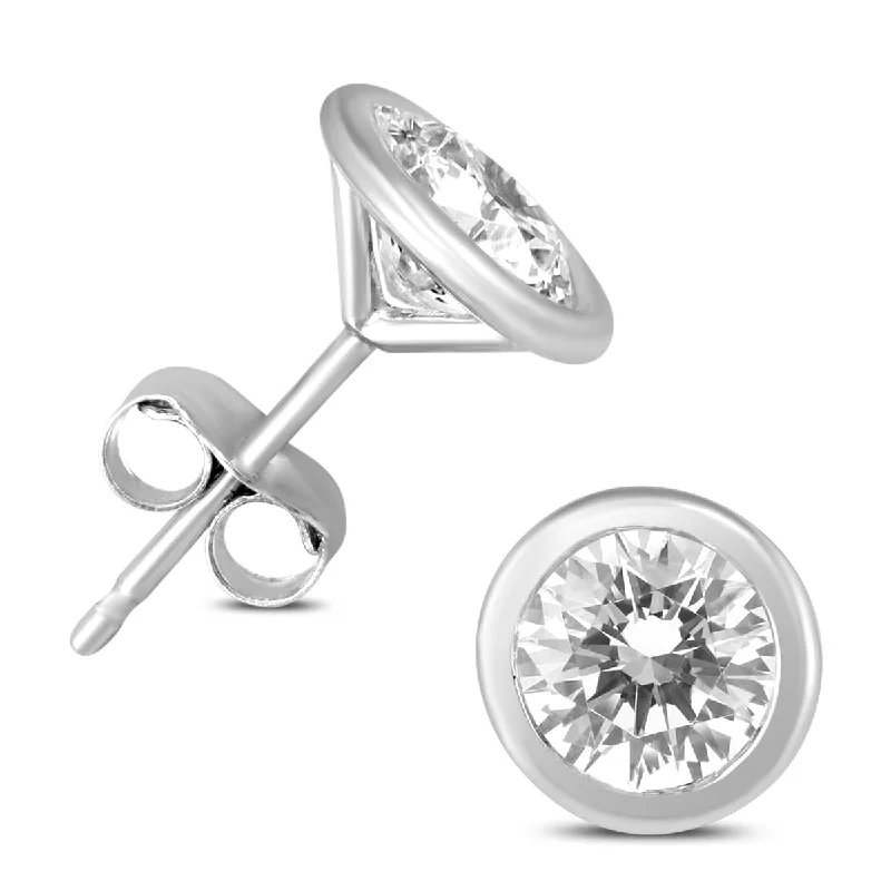 Stud Earrings with Vine Designs -Marquee 1 1/2 Carat TW Certified Bezel Diamond Solitaire Stud Earrings in 14K White Gold