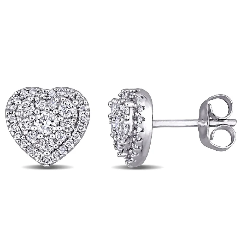 Stud Earrings with Crystals -Miadora 10k White Gold 1/2ct TDW Diamond Composite Heart Halo Stud Earrings