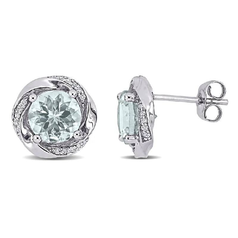 Silver Stud Earrings for Men -Miadora 10k White Gold Aquamarine and 1/10ct TDW Diamond Swirl Halo Stud Earrings