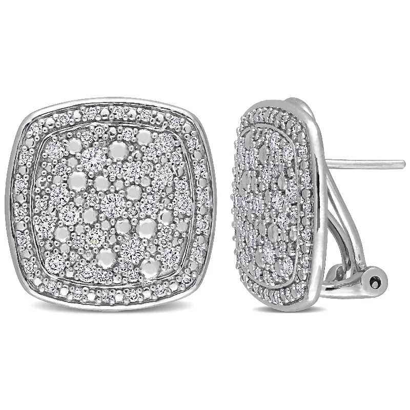 Stud Earrings for Graduation Day -Miadora 1ct TDW Diamond Cushion Clustered Halo Stud Earrings in 10k White Gold