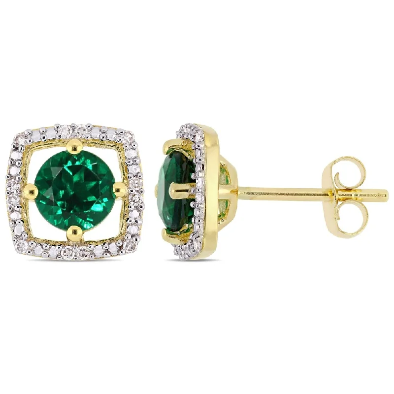 Double Stud Earrings for Impact -Miadora 10k Yellow Gold Created Emerald and Diamond Accent Floating Square Halo Stud Earrings