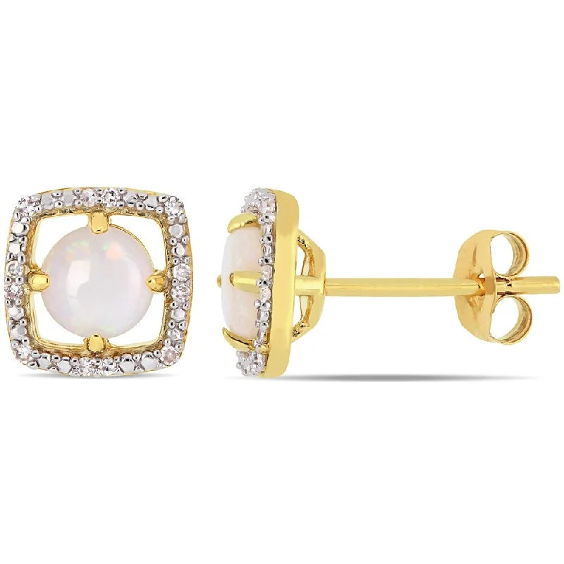 Small Stud Earrings for Delicate -Miadora 10k Yellow Gold Opal and Diamond Floating Halo Stud Earrings