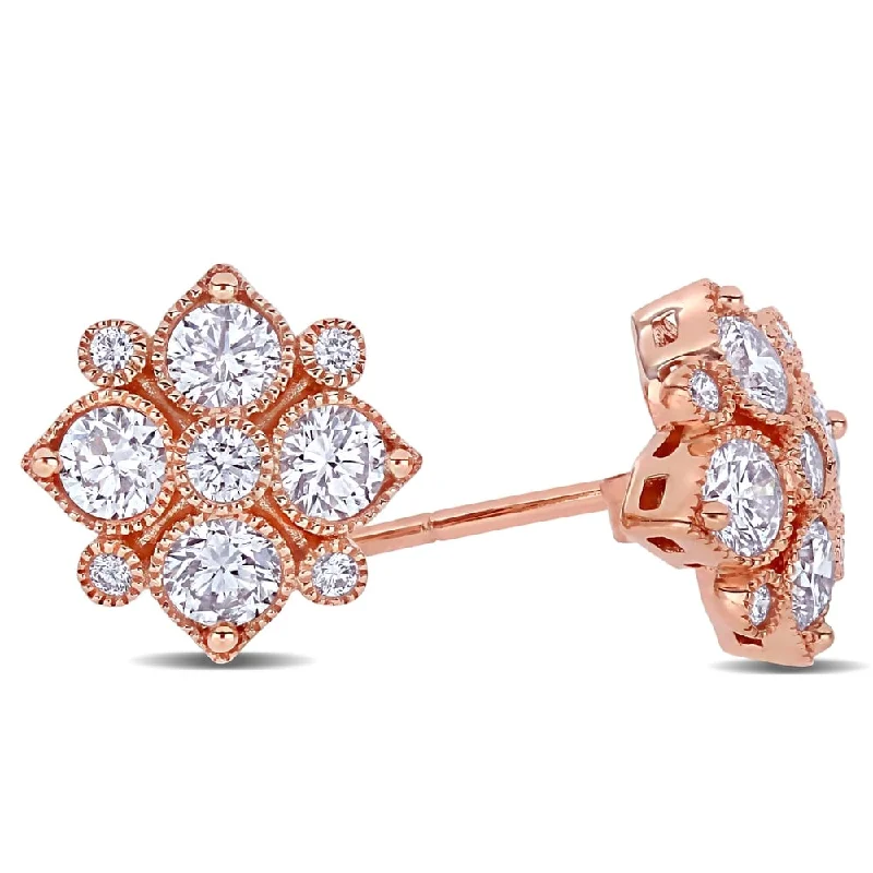 Stud Earrings for Birthday Celebration -Miadora 14k Rose Gold 1ct TDW Diamond Floral Geometric Cluster Stud Earrings