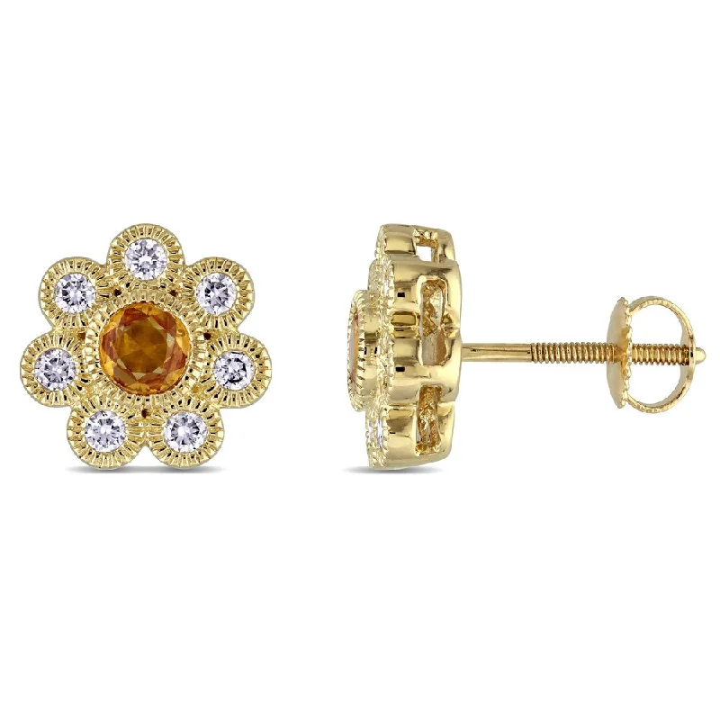 Floral Stud Earrings with Petals -Miadora Signature Collection 14k Yellow Gold Yellow Sapphire and 3/8ct Diamond Flower Stud Earrings (G-H, SI1-SI2)