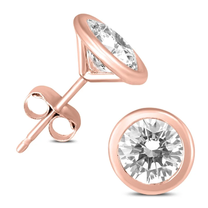 Stud Earrings for Gym Workout -Marquee 1 Carat TW Certified Bezel Diamond Solitaire Stud Earrings in 14K Rose Gold