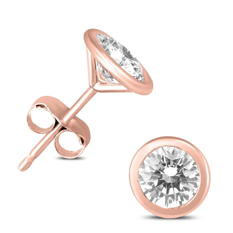 Stud Earrings with Enamel -Marquee 1/2 Carat TW Bezel Diamond Solitaire Stud Earrings in 14K Rose Gold