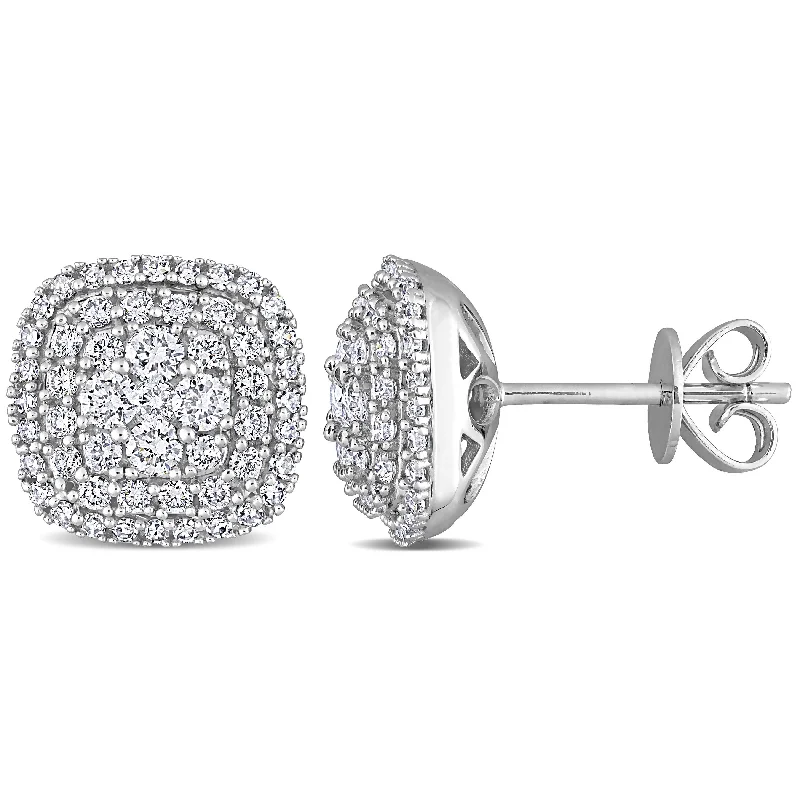 Stud Earrings with Crown Designs -Miadora 14k White Gold 7/8ct TDW Diamond Square Halo Cluster Stud Earrings