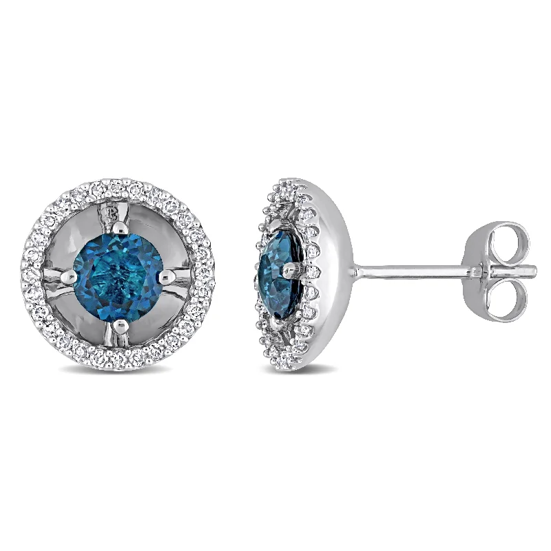 Stud Earrings with Chevron Designs -Miadora London-Blue Topaz and 1/5ct TDW Diamond Halo Stud Earrings in 10k White Gold