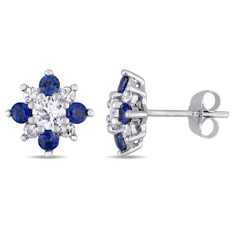 Hippie Stud Earrings with Beads -Miadora 14k White Gold Blue and White Sapphire Flower Stud Earrings