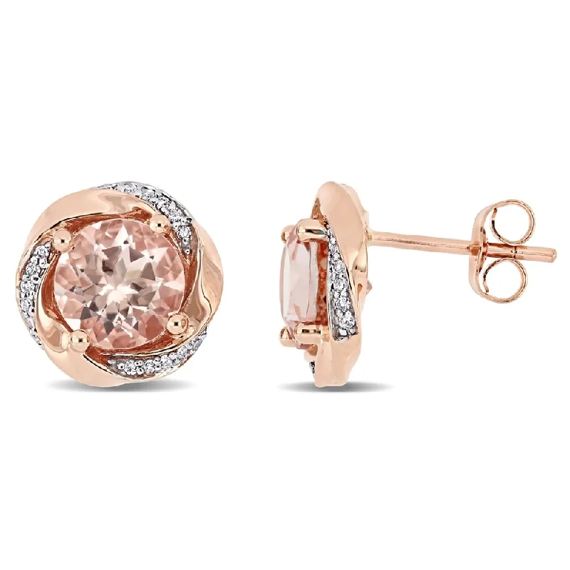 Stud Earrings with Enamel -Miadora 10k Rose Gold Morganite and 1/10ct TDW Diamond Swirl Halo Stud Earrings