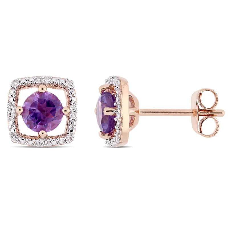 Nickel Free Stud Earrings for Safety -Miadora 10k Rose Gold Amethyst and Diamond Accent Floating Square Halo Stud Earrings