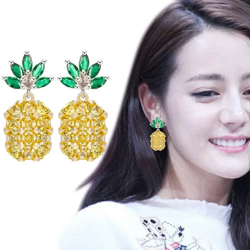 Stud Earrings with Etching -Fashion Gold Pink AAA Cubic Zirconia Stone Pineapple Copper Stud Earrings