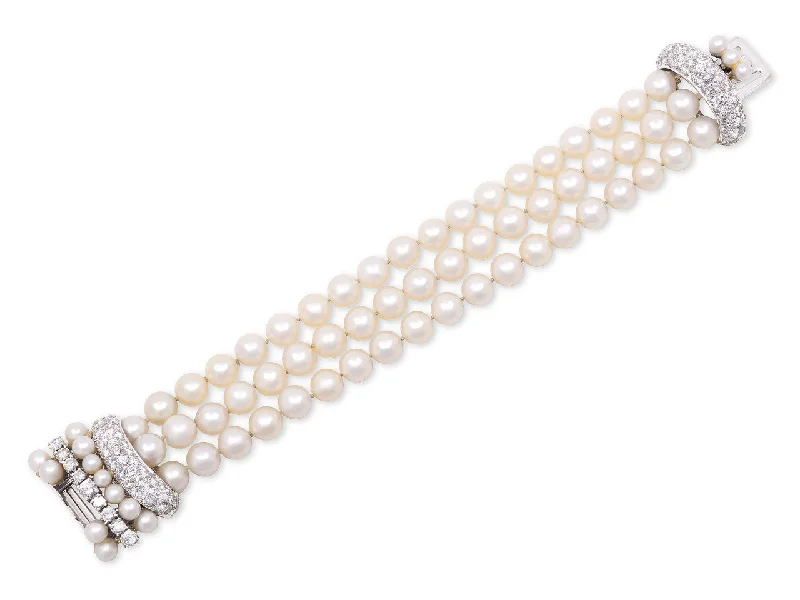 Bangles with pave-set diamonds for dazzle -Pearl and Diamond Bracelet in 14K White Gold