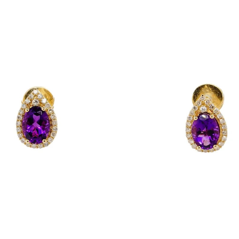 Hippie Stud Earrings with Beads -10K Gold Oval Amethyst With Pear Shaped Diamond Halo Stud Earrings