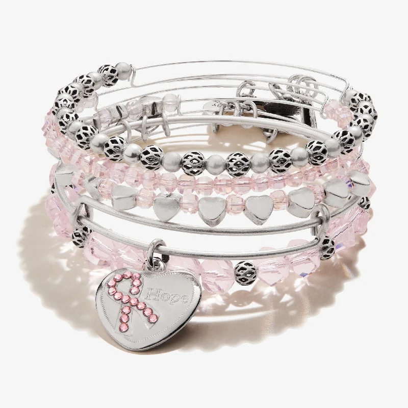 Bangles with rose quartz for soft pink -'Hope' Pink Ribbon Charm Bangle, Set of 5