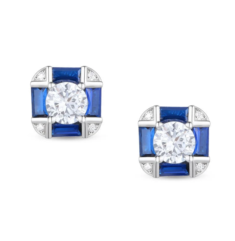 Stud Earrings for Travel Look -Serling Silver White Gold Plated with Sapphire Blue Cubic Zirconia & Vintage Cushion Geometric Stud Earrings