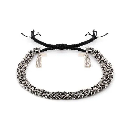 Bracelets with open cuff for easy wear -Black Silk and Silver Chain Woven Bracelet