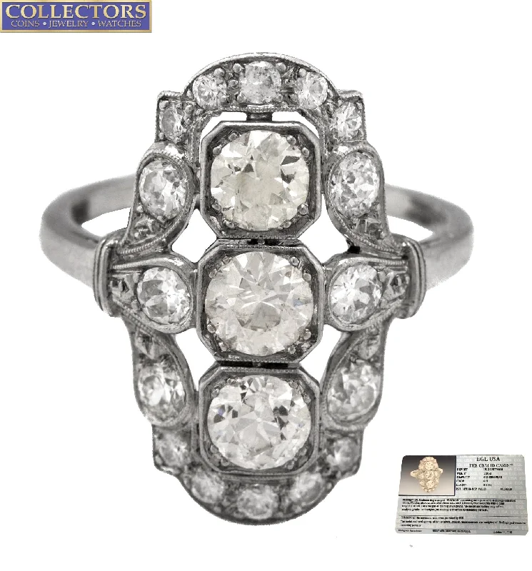 Women’s rings with peacock ore for iridescence -Antique Art Deco Platinum 1.30 CT G-H Old European Cut Diamond Cocktail Ring EGL