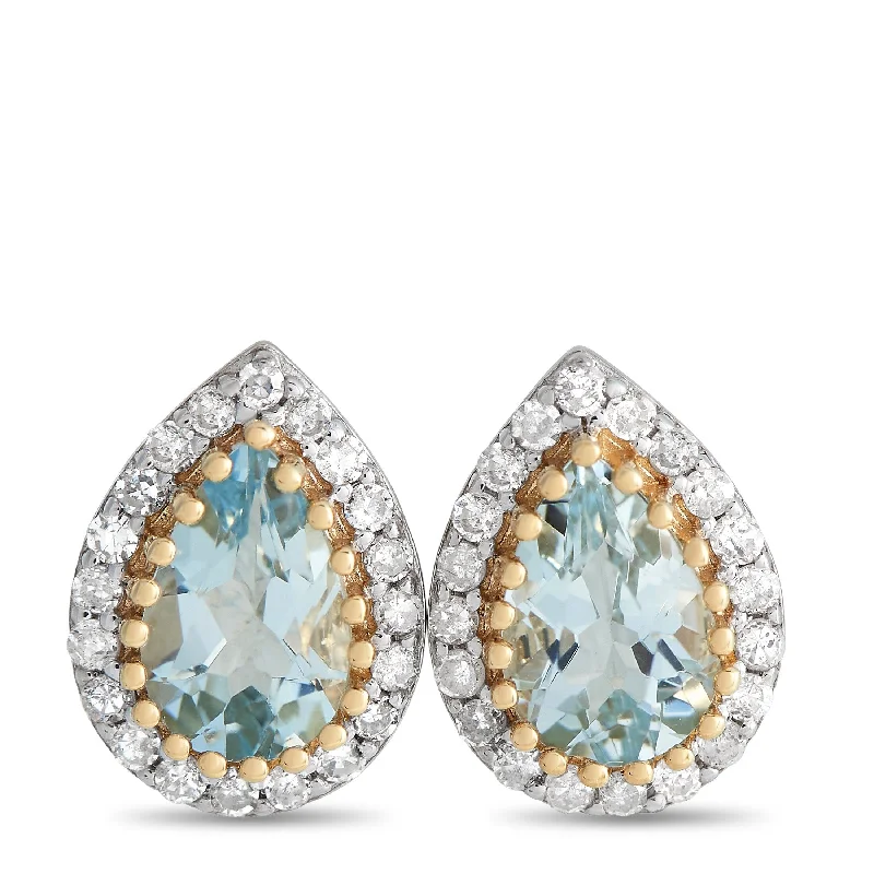 Stud Earrings with Symbolic Elements -Yellow Gold 0.17ct Diamond and Aquamarine Pear Halo Stud Earrings ER4-15272YAQ