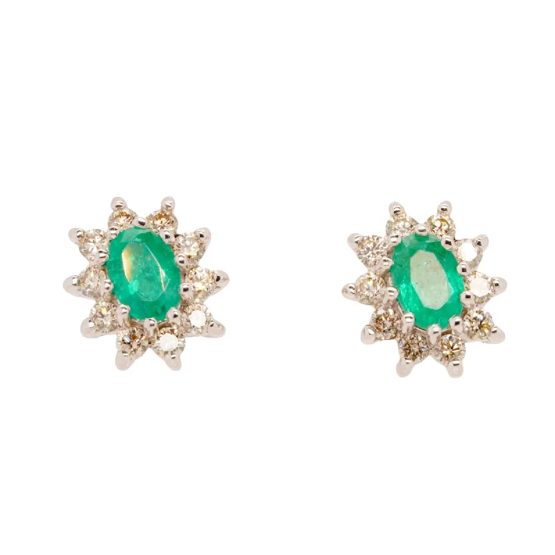 Stud Earrings with Pearls and Diamonds -14K White Gold Oval Emerald With Diamond Halo Stud Earrings