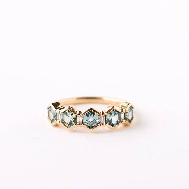 Women’s rings with polished peacock ore glow -Arden Ring - Light Teal Blue Hexagon Sapphire + Diamonds