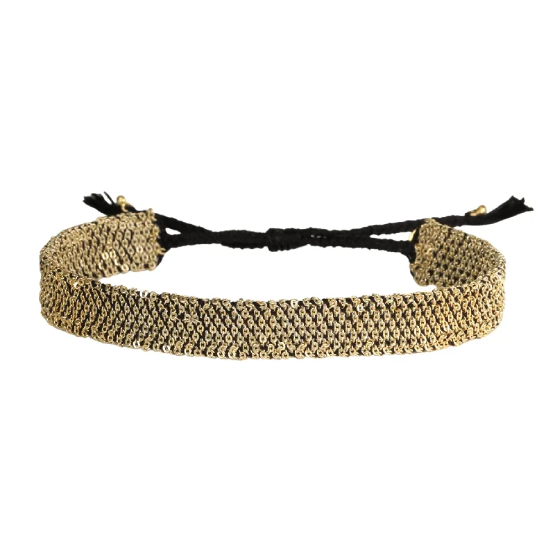 Bangles with faceted garnet for deep shine -Gold Vermeil & Black Silk Woven Bracelet