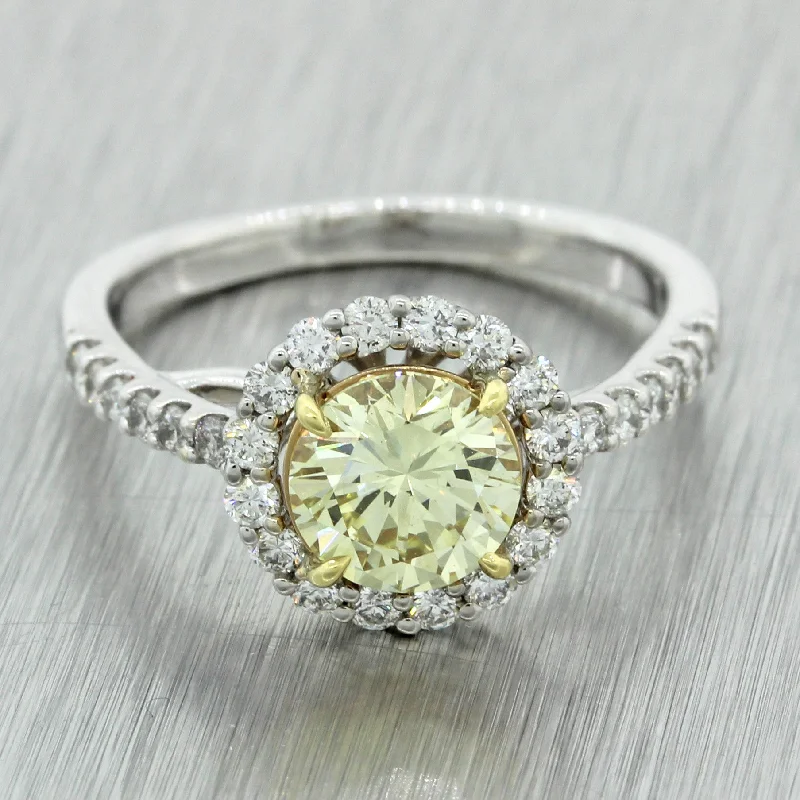 Women’s rings with peacock ore for iridescence -Modern 18k White Gold 1.27ct Fancy Yellow Diamond Halo Engagement Ring EGL $9300