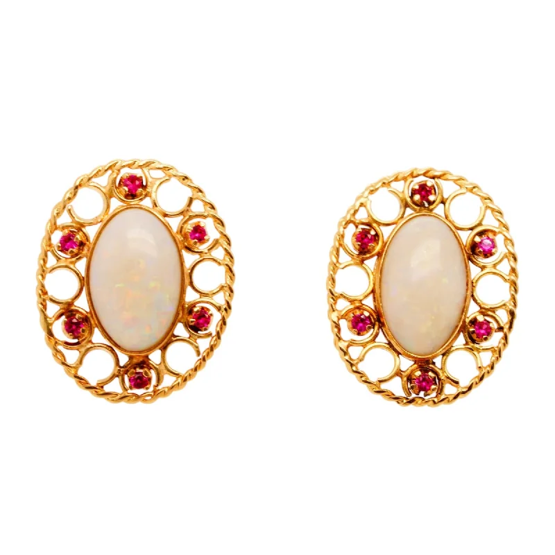 Stud Earrings with Textured Surface -14K Gold Opal And Ruby Stud Earrings With Screw On Backs