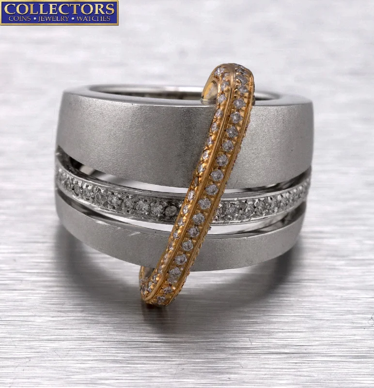 Women’s rings with etched wave band designs -Ladies Retro Modernist 18K White Yellow Gold Two-Tone 0.96ctw Diamond Ring